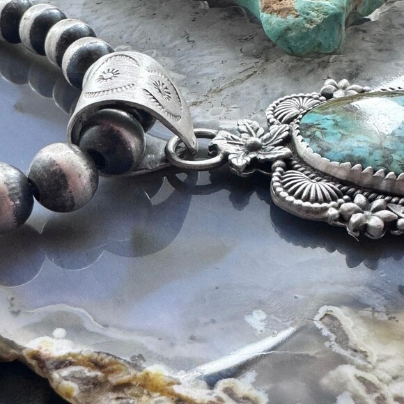 Sterling Silver Southwestern Style Oval Turquoise Decorated Pendant For Women - Picture 3 of 10